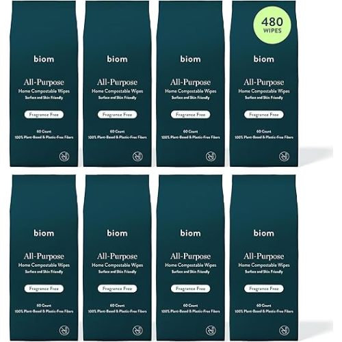 Biom All-Purpose Cleaning Wipes Refill (8pk x 60ct Each)- Fragrance Free - Biodegradable, All Natural, Plant-Based, Non-Toxic Wipes for Home & Travel - Kid & Pet Friendly