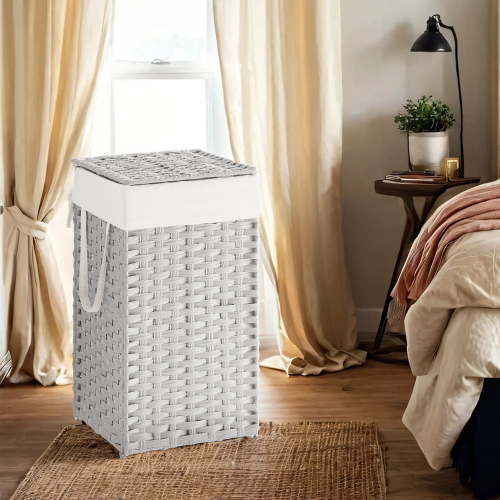 LEDREM Foldable Laundry Hamper with Removable Liner & Lid, 17.2 Gallon (65L) Synthetic Rattan Basket, Handles, Space-Saving for Bedroom，Bathroom, Cloud White