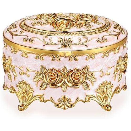 Hipiwe Vintage Metal Jewelry Box - Oval Trinket Organizer Ring Box Case with Rose Pattern Jewelry Storage Box for Ring Earrings Necklace, Gift for Women