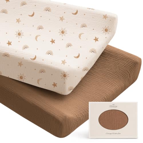 Konssy 100% Cotton Muslin Changing Pad Cover 2 Pack, 32"x16" Standard Fit | Ultra Soft & Breathable, Diaper Changing Table Sheets, Neutral Nursery Design, for Baby Boys Girls (Sunbeam Yellow,Coffice)