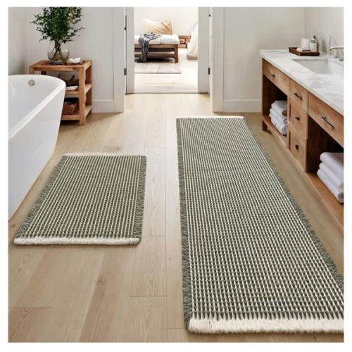 MIULEE Set of 2 Waffle Bathroom Rugs, Boho Bath Rugs Non Slip Washable, Super Absorbent Bath Mats, Ultra Soft Rubber Backed Shower Mats for Bathroom Floor, Tub, Green, 17"x24"+17"x48"
