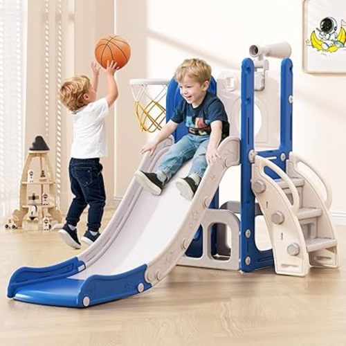 Babytronic Toddler Slide, 6 in 1 Kids Indoor Slide for Toddlers 1-3, Baby Indoor and Outdoor Climber Playset, Kids Slide with Basketball Hoop and Telescope, Toddler Outdoor Playground (Blue&Gray)