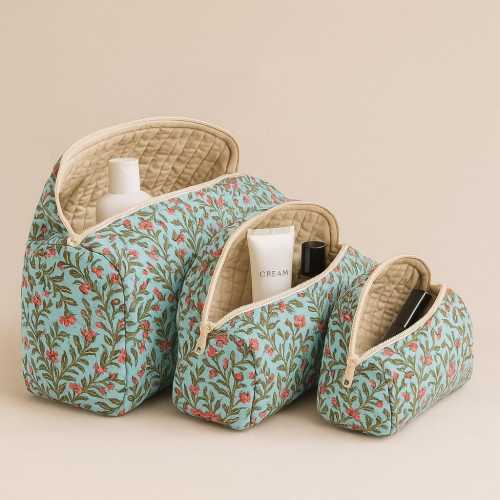 Quilted Toiletry Bags Set (3) Hand Block Print Cosmetic Organizer