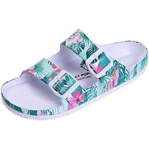 VICT POPU Womens Sandals Adjustable Double Buckle Strap Waterproof EVA Flat Slides