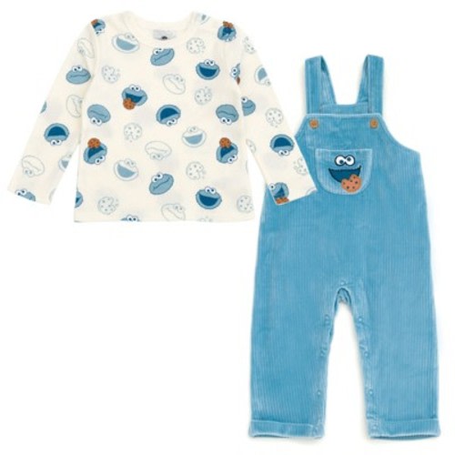 Sesame Street Cookie Monster Infant Baby Boys Corduroy Ribbed Overall and T-Shirt Outfit Set Blue / White 12 Months