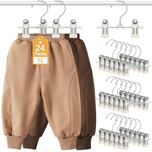 24 Pack Baby Hangers with Clips, 360°Rotatable Toddler Pant Hangers with Clips, Non-Slip Space Saving Kids Hanger for Newborn Children Clothes Skirts Boots Closet Organizers, Off-White