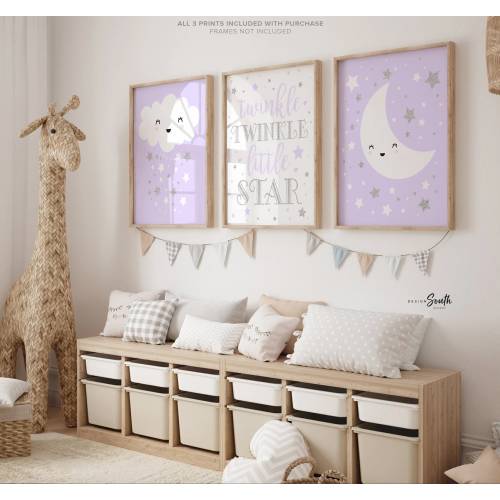 Lilac Nursery Prints: Silver Sparkle Moon, Stars, Cloud Decor