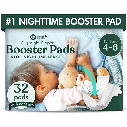 Naturally Nature Overnight Diaper Booster Pads, Stops Overnight from Leaking, Diaper Liners for Toddler, Nighttime Diapers Size 5, Adhesive Pad for Girls, Boys, 32 ct.
