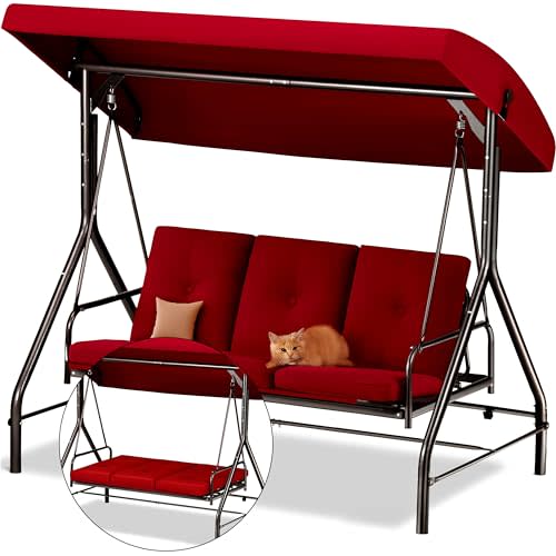 Porch Swing - 3-Seat Patio Outdoor Swing with Canopy for Adultes, Convertible Glider Bed, Thick Removable Cushions & Pillows for Backyard, Porch, Garden - Burgundy