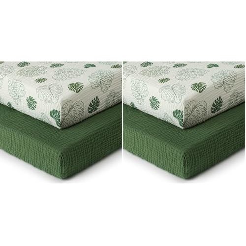 Blissful Diary Muslin Crib Sheets for Girl Boy, Boho Neutral Soft Cotton Baby Sheet for 52''x28'' Standard Crib Mattress, 4 Pack(Monstera&Dark Green)