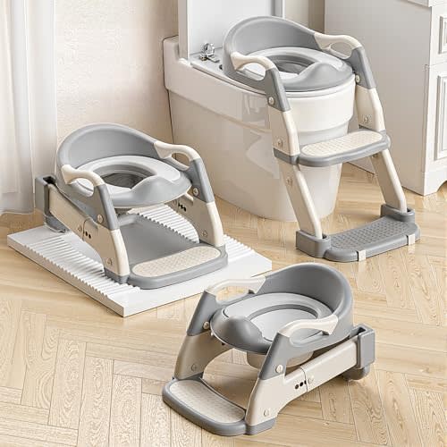 Snugzy Toddler Potty Training Seat 3-in-1 Foldable Potty Training Toilet with Step Stool Adjustable Potty Chair with Urinals (Grey)