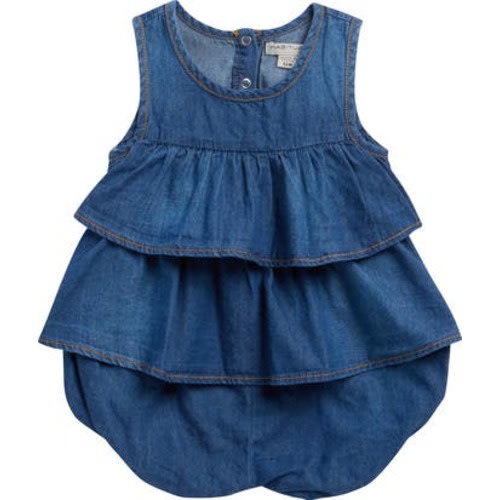 Tiered Cotton Denim Bubble Romper, 12M