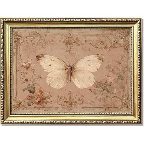 Vintage Butterfly Canvas Wall Art Gold Framed, Antique French Country Botanical Insect Wall Decor, Neutral Cottagecore Farmhouse Paintings Prints for Living Room Bedroom Bathroom Office 8x10 Inch