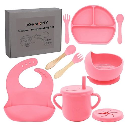 100% Silicone Baby Feeding Set, 9 Pcs: Bib, Divided Plate, Bowl, Sippy Cup, Spoons & Forks (Carrot)