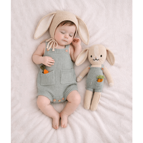 Knitted Henry Bunny Bonnet color options – Olive and Cradle