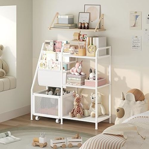 Kids Bookshelf and Toy Storage Organizer, 3-Tier Toddler Book Shelf with Movable Drawer, Toddler Bookcase for Kids Room, Nursery, Living Room, Playroom, White KBWT7901