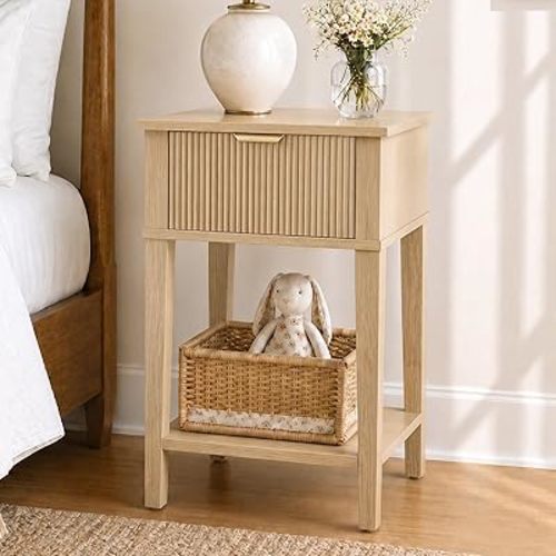 Natural Oak 15.4" Wide Small Nightstand with Drawer,Open Shelf,Fluted
