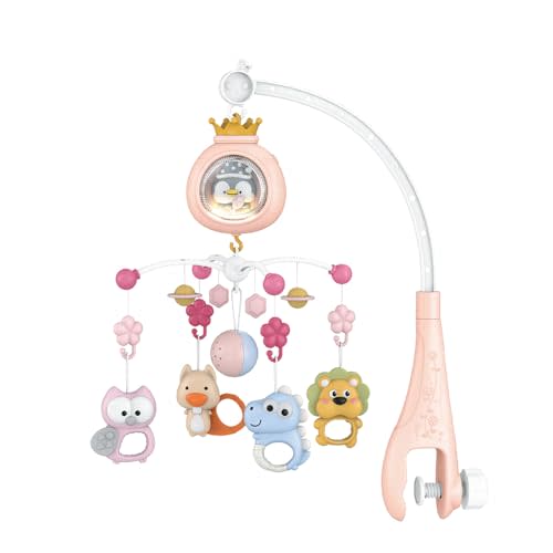 Baby Crib Mobile with Rotating Animal Toys, Lullabies, Projection Light, Penguin Theme, for Newborns Baby Age 0 Months+, Pink, Blue, Gray (Pink)