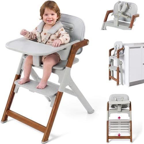 SYNCFUN Convertible Baby High Chair, Foldable High Chairs for Babies and Toddlers, Adjustable Feeding Chair with Removable Tray Easy Clean Wipeable Seat, 6 Months to 300 Lb, Wood Grain Frame