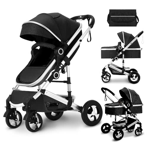 Kinder King 2 in 1 Convertible Baby Stroller, Folding High Landscape Infant Carriage, Newborn Reversible Pram, Adjustable Canopy, Diaper Bag, Anti-Shock Toddler Pushchair Stroller, Black