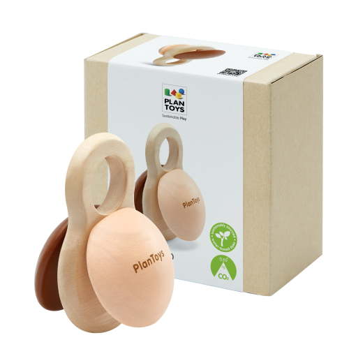 PlanToys® Shake N Clap Baby Rattle Toy , Montessori Wooden Infant Sensory Toy for Newborns , Natural Grasping & Teething Alternative , Non-Toxic, Eco-Friendly Baby Developmental Toy