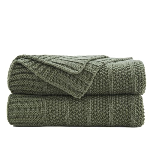 Douceur Olive Green Stripe Knit Throw Blanket 50"x60" | Blanket for Couch, Soft Cozy Lightweight Knitted Throw for Sofa, Living Room Gift
