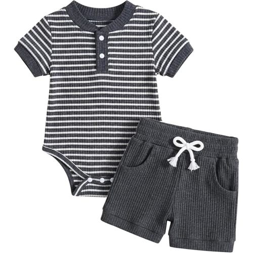 Baby Boy Clothes Ribbed Short Sleeve Striped Romper Top Solid Shorts with Pocket Baby Boy Summer Outfits 0-18M