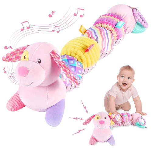 Baby Toys 0-6 to 12 Months, Musical Infant Toys with Multi-Sensory Crinkle, Rattle and Textures, Soft Stuffed Animal Newborn Toys for 0-3-6-12 Month Old Baby Girls - Puppy, Pink