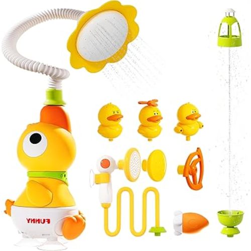 Baby Bath Toys for Kids Ages 1-3, Baby Bath Shower Head for Bathtub with 4 Adjustable Sprayer, Control The Flow Rinser Babies with 3 Squirting Ducks for Newborns, Toddlers in Bathtub Sink