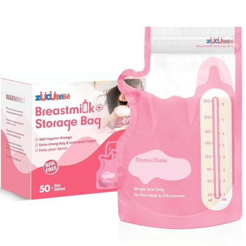 Breastmilk Storage Bags(50 Count)，8oz Milk Storage Bags for Breastfeeding，BPA Free with Easy Pour Spout, Self Standing, for Refrigeration and Freezing Red
