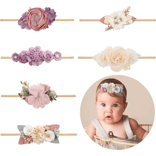 Baby Girl Flower Headband 6 PCS Elastic Hairbands Handmade Nylon Bows Headbands Chic Floral Hair Accessories Kids Gifts for Newborn Infant Toddlers