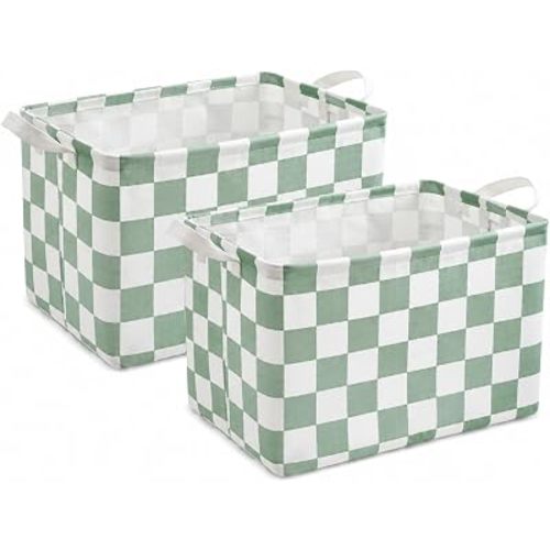 2 PACK Checkered Storage Basket, Green Canvas Organizer Bin for Baby Toys & Laundry, Cute Aesthetic Nursery Hamper, Waterproof Foldable Cube for Home/Kitchen/Shelves/Classroom