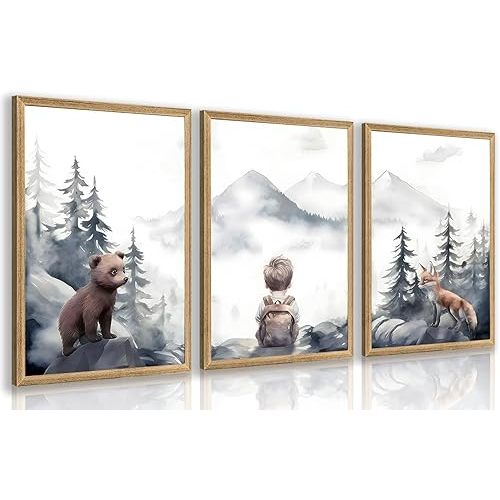 Cyebmo Woodland Boy Nursery Wall Art Set of 3, Whimsical Boy Adventure Wall Decor, Mountain Forest Animal Bear Fox Canvas Painting for Classroom Kids Room Baby Nursery Wood Framed 12"x16"x3