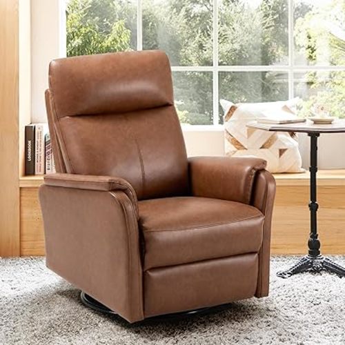 COLAMY Leather Recliner Chair with Swivel & Rocking Function, Modern Glider Reclining Chair with Footrest and Wide Seat Cushion, Comfortable Rocker Chair for Living Room, Nursery, Bedroom, Cocoa