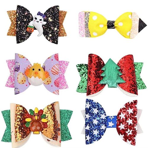 Set of 6, 2.7 Inch Girls Seasonal Hair Bow Set. Set of 6 Clip in Hair Bows for Girls. Halloween, Christmas, 4th of July, Easter/ Spring, Back to School, Thanksgiving, Fall, Bows for Girls