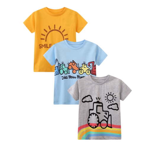 HILEELANG Toddler Boys T-Shirts 3 Pack, 100% Cotton Short Sleeve Tees for Kids 2-8T, Cute Cartoon Construction Vehicle & Sun Print Summer Tops for Little Boys