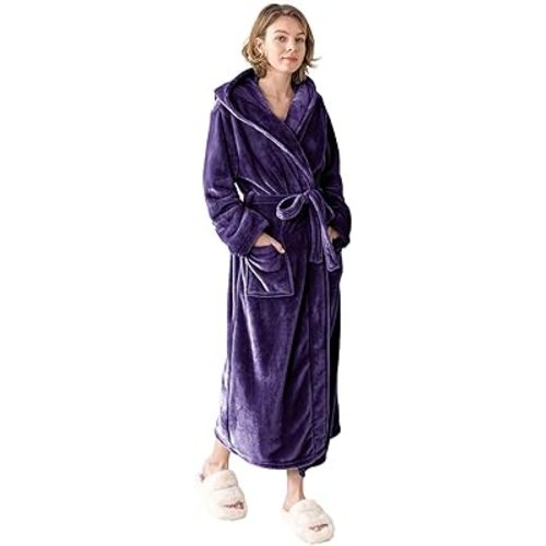 Robes for Women - Hooded Plush Fleece Bathrobe with Sash & Pockets, Full-Length Lightweight Spa Robe