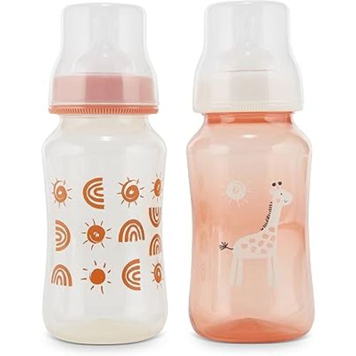 Premium 2-Pack Baby Bottles - 11 Ounce, Hourglass Shape, Fun Boys and Girls Prints, Clear Cover - BPA-Free