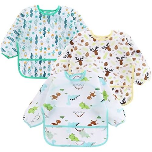 PandaEar (3 Pack) Long Sleeve Bibs| Baby Feeding Bib Smock Bibs| Baby Bibs with sleeves for Baby Infant Toddler 6-36 Months