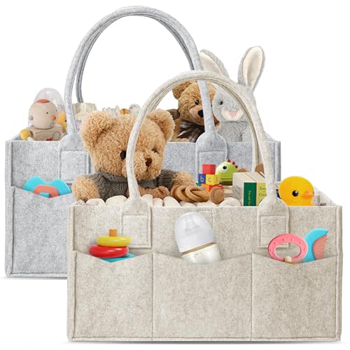 HIPHOP PANDA 2-Pack Diaper Caddy Organizer - Nursery Storage Bin & Car Organizer for Diapers, Wipes, and Baby Essentials - Dual-Color Solid Set (Grey/Oatmeal), Large Size