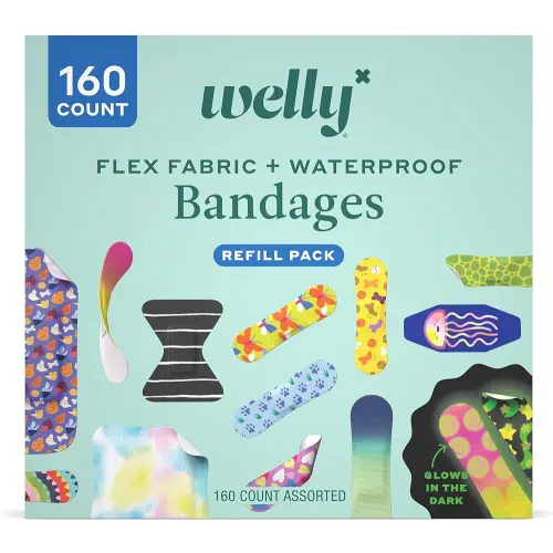 Welly Bandage Large Refill Pack | Adhesive Flexible Fabric, Glow-in-The-Dark & Waterproof Bandages | Assorted Shapes and Patterns for Minor Cuts, Scrapes, and Wounds - 160 Count