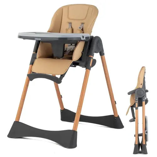 JOYMOR 4 in 1 Folding Baby High Chair for Babies to Toddlers, Infant Eating Foldable Highchair w/Leather Seat Cushion, 4-Position Removeable & Adjustable Tray, 5-Point Harness