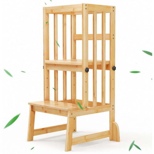 Kids Step Stool, Toddler Standing Tower Adjustable Height with Anti-Slip Feet, Toddlers Learning Step Stool Helper for Kitchen Counter or Bathroom Sink, Natural Bamboo