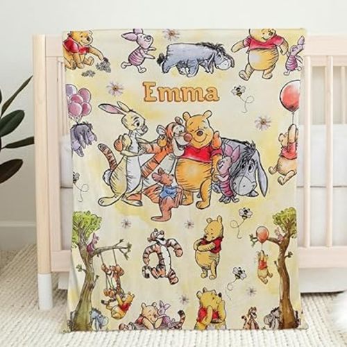Personalized Pooh Bear Blanket, Custom Baby Blanket with Name, Soft and Warm Custom Name Throw, Birthday Gift for Kids, Baby Nursery Theme #10