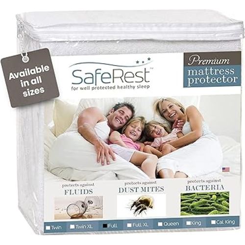 SafeRest Waterproof Full Size Mattress Protector - Fitted with Stretchable Pockets - Machine Washable Cotton Blend Mattress Cover for Bed