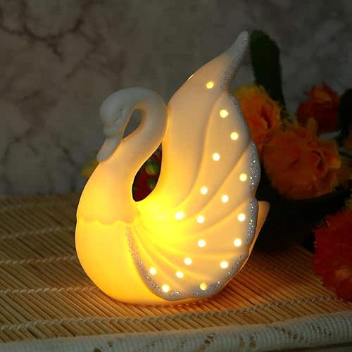 WNSC Swan Decoration Lamp Lovely Delicate Ceramic Decoration Lamp Swan Light, LED Swan Lamp, Children Gift LED Light Night Light for Study Room Bedroom Bookshelf(XS30103-1)