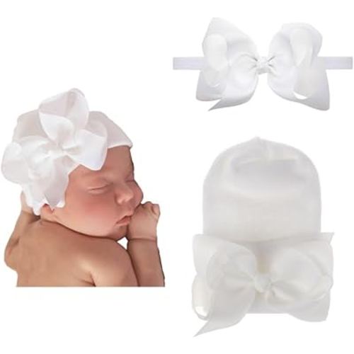 2PCS Newborn Baby Hat Infant Caps Baby Boy Girl Toddler Hospital Hats Bow Double Layer Knit Beanie Cap With Headband for 0-3 Months(white, elastic)