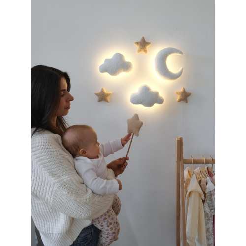 Cloud Nursery Wall Lamp with Moon and Stars – Handmade Boucle Neutral Night Light