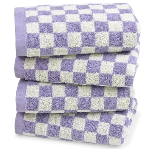 Hand Towel for Bathroom Guest Room - Cotton Face Towel Set Lilac Checkered | Extra Soft, Absorbent 4-Piece for Daily Use
