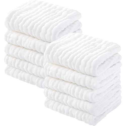 Yoofoss Muslin Baby Washcloths 100% Organic Cotton Face Towels 10 Pack Wash Cloths for Baby 12x12in Soft and Absorbent Baby Wipes (White)